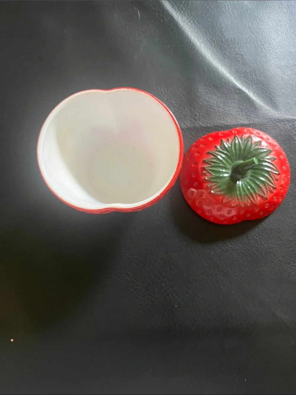 Hazel-Atlas 1940’s Bright Strawberry jelly Jar with Green Leaf Lid